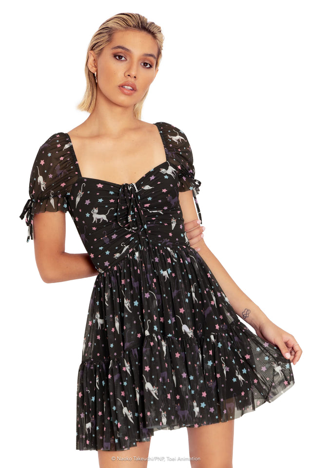 Pretty Guardian Sailor Moon Luna And Artemis Constellation Sheer Tea Party Skater Dress Closeup