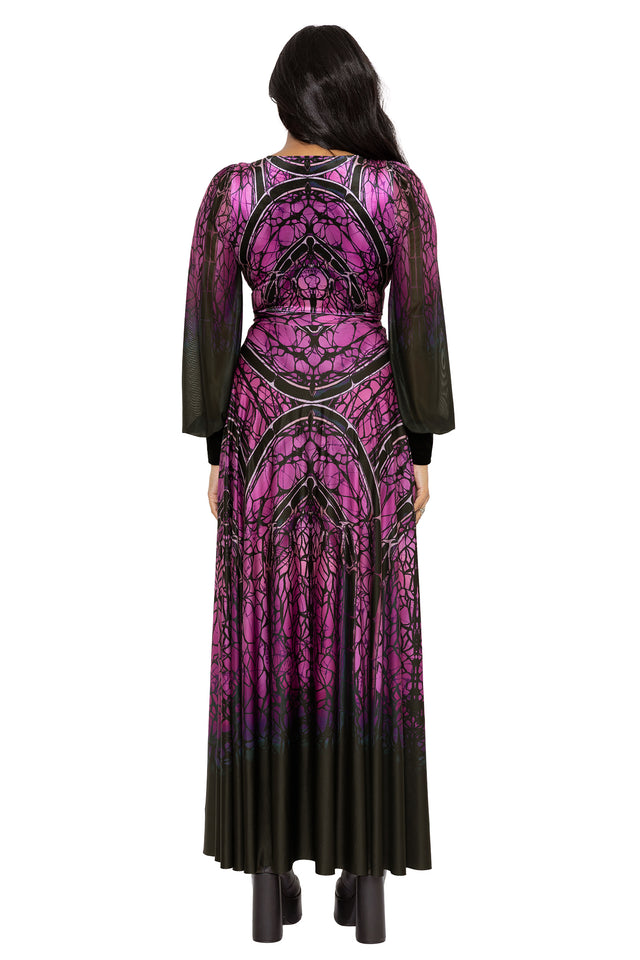 Fantasy witch velvet bodysuit with stained glass inspired web detailing, dramatic sheer sleeves and gothic romantic styling. Designed for alternative goth and dark academia fashion lovers, this whimsigoth bodysuit brings together spiderweb motifs, dark fairycore elegance and mystical witchcore energy.