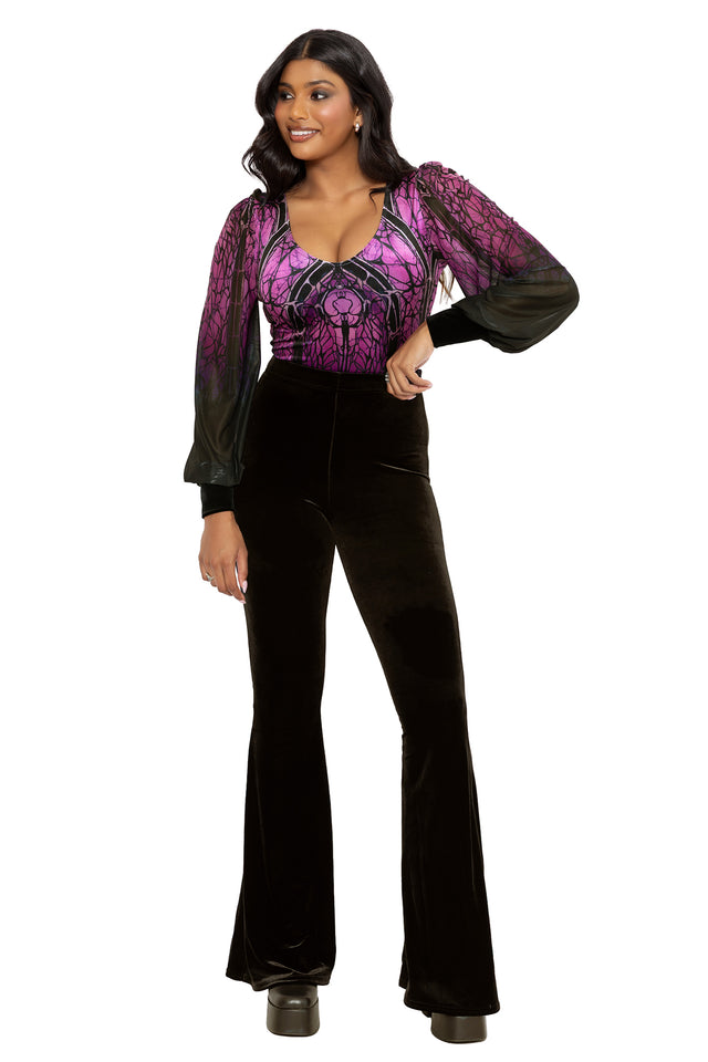 Purple and black velvet bodysuit with spider web inspired gothic artwork, sheer bishop sleeves and a romantic dark fantasy silhouette. This alternative goth bodysuit blends whimsigoth, fantasy witch and dark academia aesthetics for a bold modern witch fashion look from the Nature of a Witch collection.