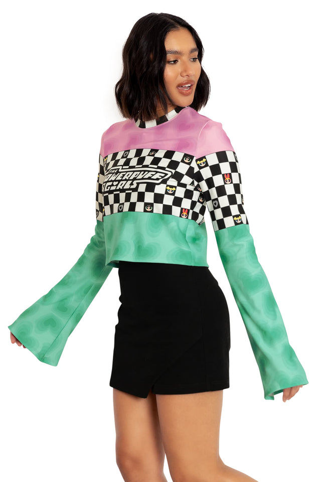BlackMilk Clothing x Warner Brothers The Powerpuff Girls - Racing Hearts Cropped Bell Sweater - Warner Bros. Merchandise - Collaboration apparel - Licenced.