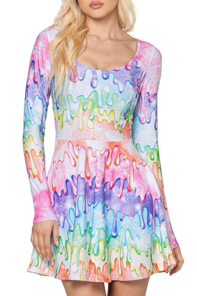 Rainbow Drip Long Sleeve Skater Dress