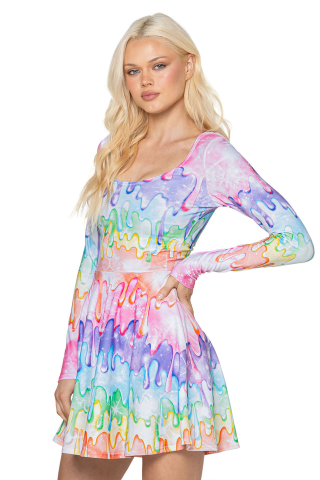 Rainbow Drip Long Sleeve Skater Dress - Limited BlackMilk Clothing Rainbow Drip Long Sleeve Skater Dress - Limited BlackMilk Clothing