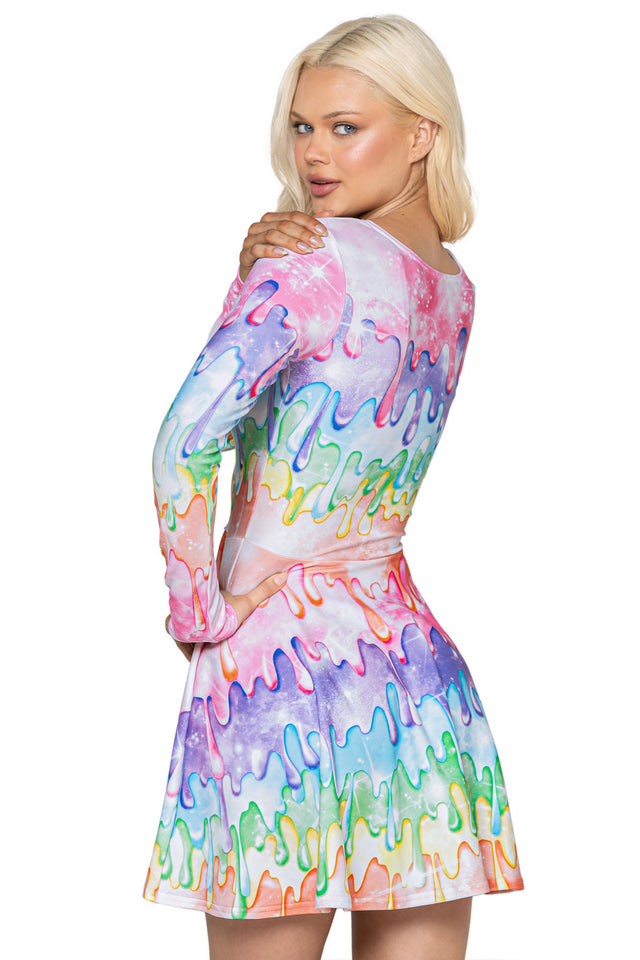 Rainbow Drip Long Sleeve Skater Dress