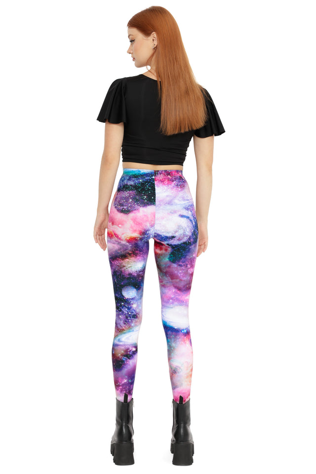 Statement galaxy leggings with swirling nebula print and a high rise fit