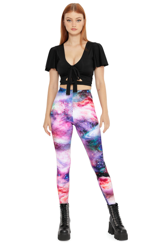 High waisted galaxy print leggings with pink, purple and blue nebula clouds