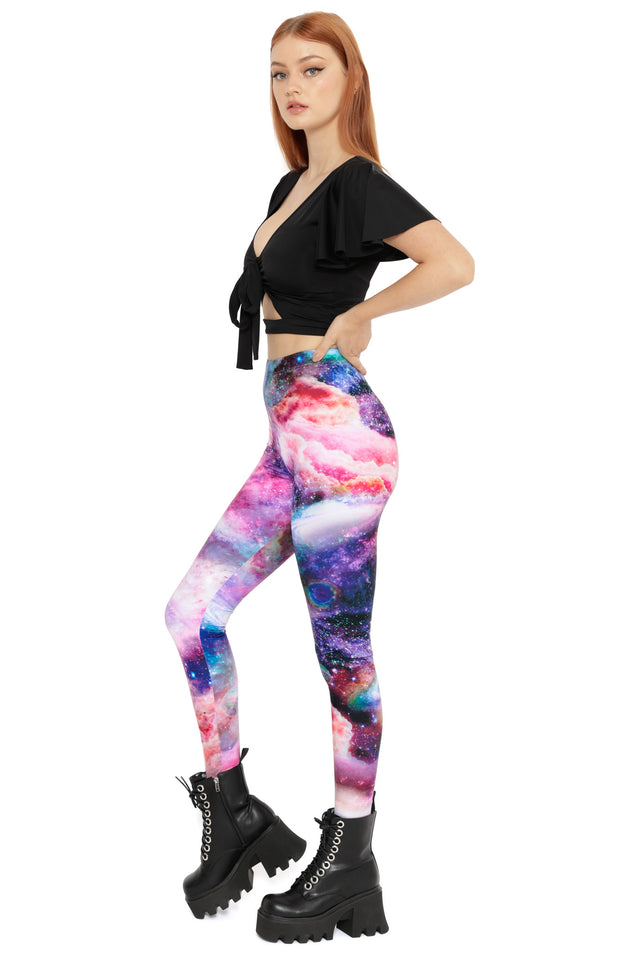 Colourful space print leggings with starry details and a sleek full-length silhouette