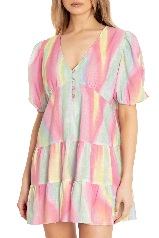 Rainbow Puff Sleeve Smock Dress Print