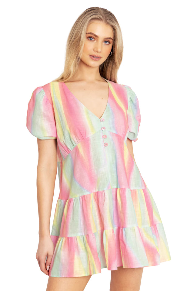 Rainbow Puff Sleeve Smock Dress  Closeup