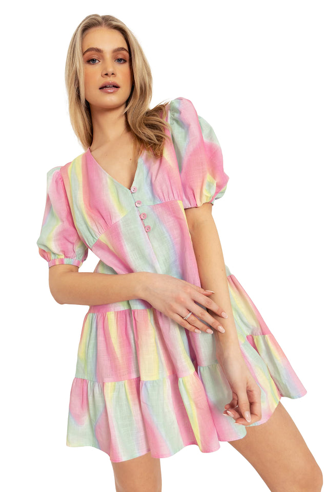 Rainbow Puff Sleeve Smock Dress  Wide