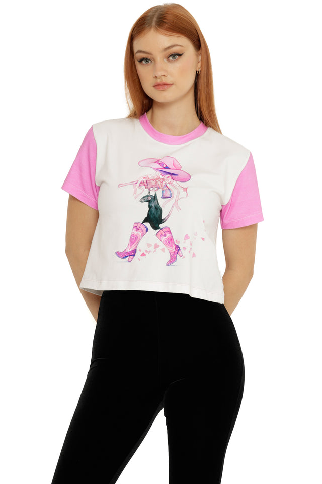 Rat Girl Summer Baby Tee with contrast pink sleeves and neckline, showcasing a playful illustrated character and rat motif on the front.