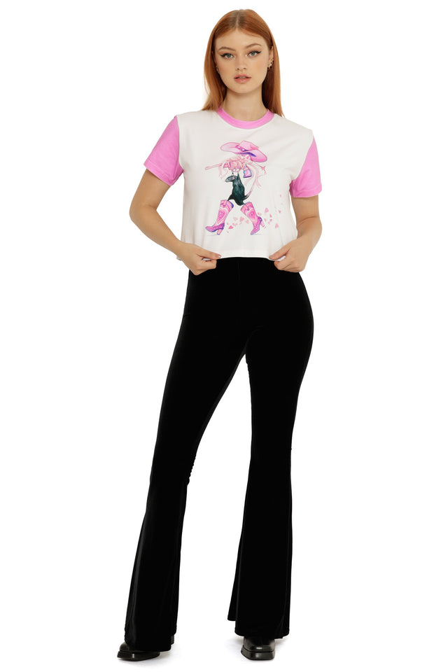 Rat Girl Summer Baby Tee showing front artwork placement, contrast sleeves, and a snug cropped fit.