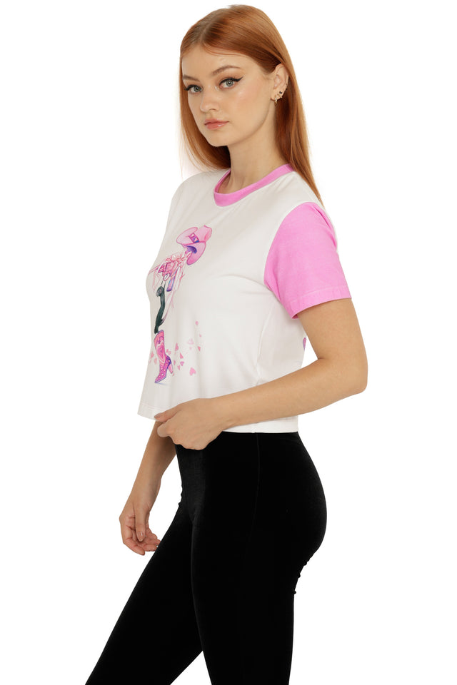 Lora Zombie Rat Girl Summer Baby Tee worn fitted, highlighting the short sleeves, cropped length, and central illustrated print.