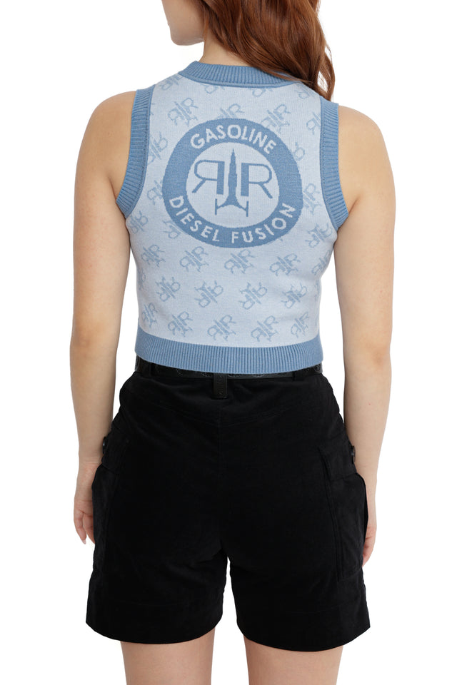 Fallout x BlackMilk light blue sleeveless knit vest with Red Rocket all-over logo and Vault Boy embroidery.