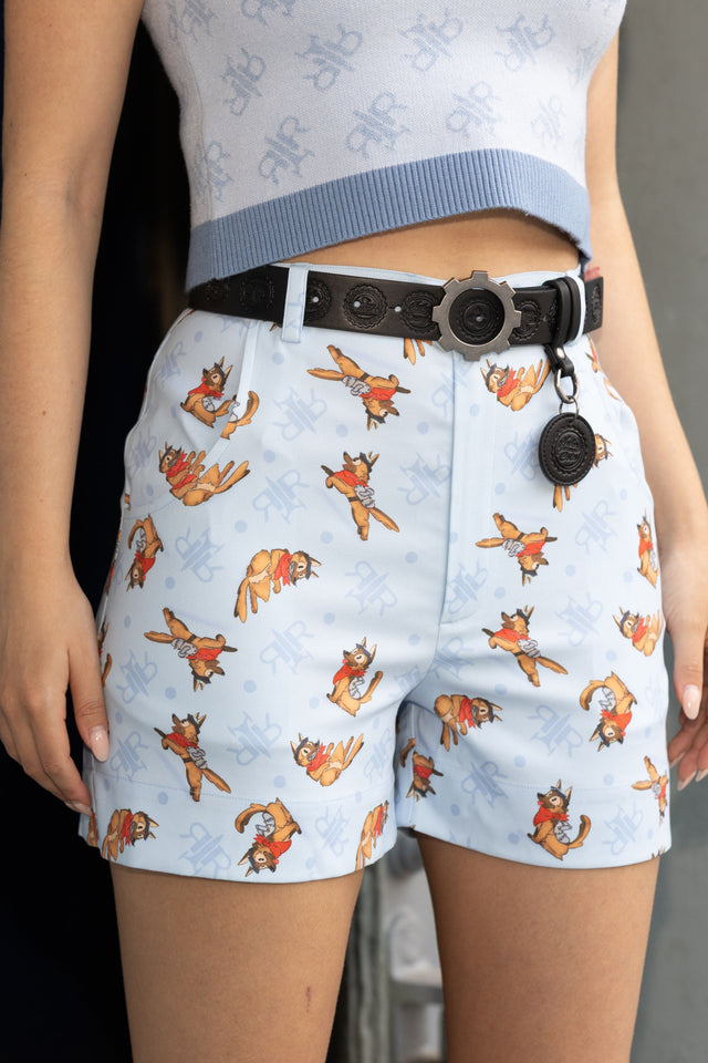 Close-up of Fallout x BlackMilk Red Rocket Station Shorts featuring Dogmeat print and light blue Fallout logo pattern.