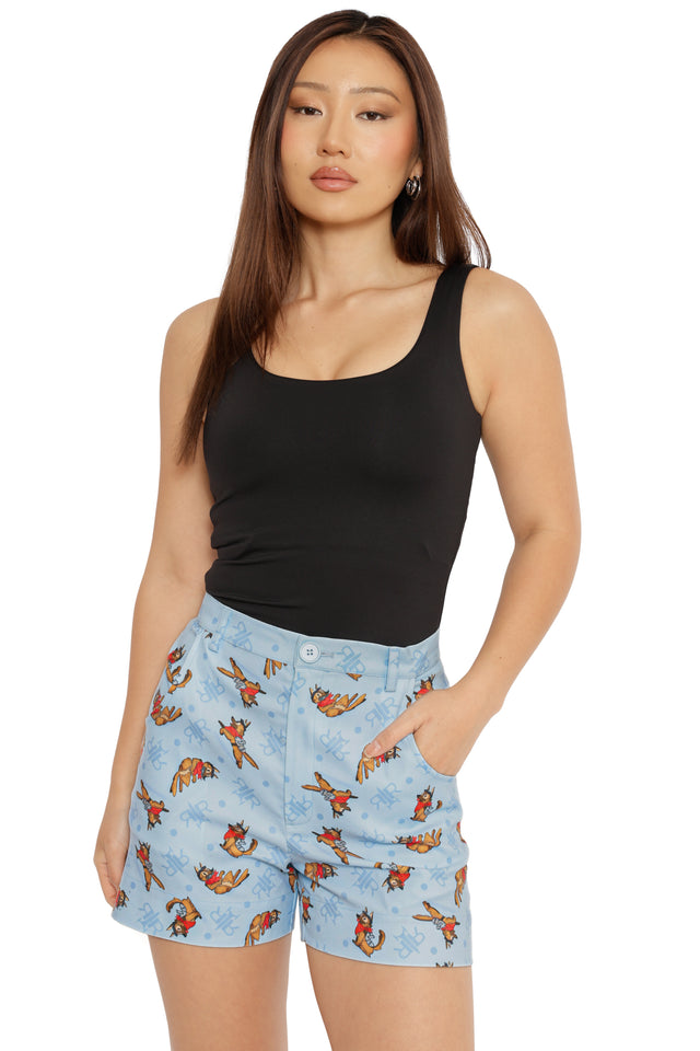 Light blue Fallout x BlackMilk shorts with Dogmeat pattern and Red Rocket branding, styled with black Vault-Tec belt.