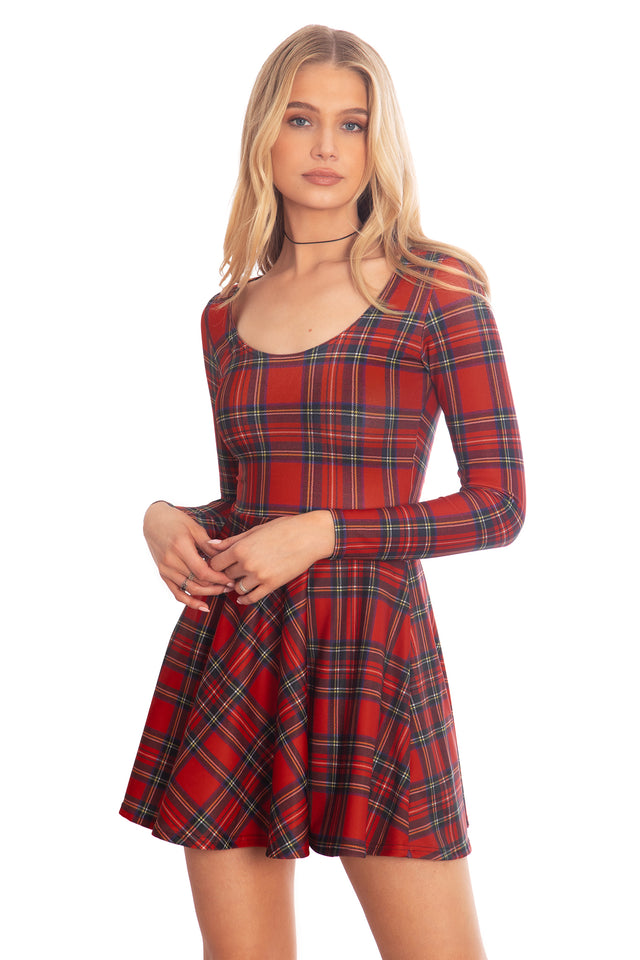 red long sleeve skater dress Red Velvet Long Sleeve Fit and Flare Skater Dress