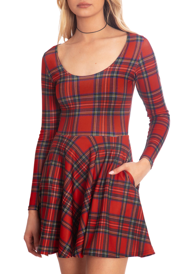 tartan skater dress uk Tartan Red Toastie Long Sleeve Skater Dress-BlackMilk