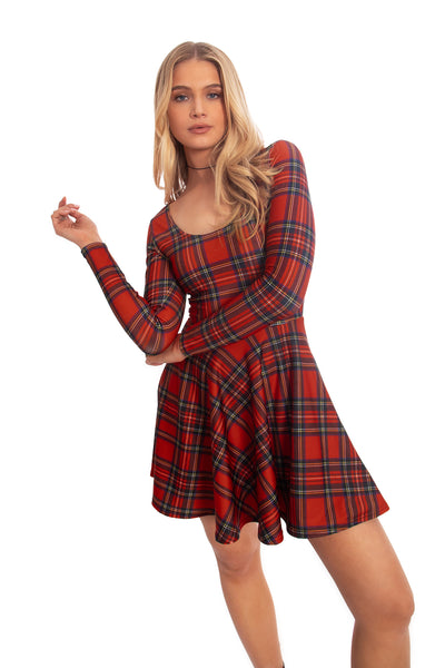 tartan dress long sleeve BlackMilk | Junji Ito Clothing | Tartan Red Toastie Long Sleeve Skater Dress | Red