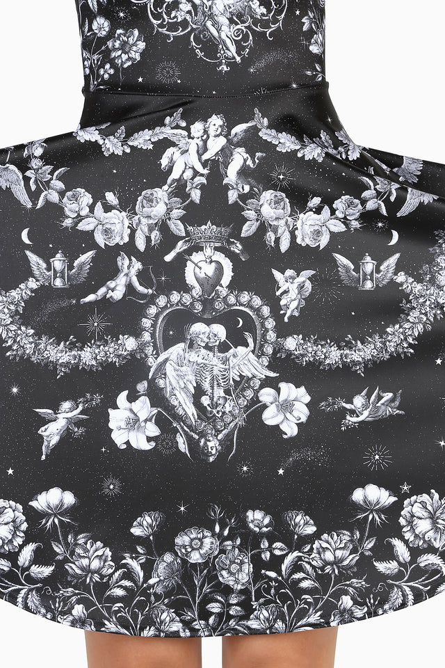 Bring back Romancing Death Longline Princess Dress by BlackMilk Clothing, black longline dress with iconic gothic illustration print and classic princess silhouette