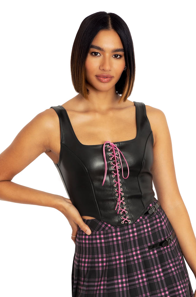 BlackMilk Clothing - Route 666 Pink Lace Up Corset Top