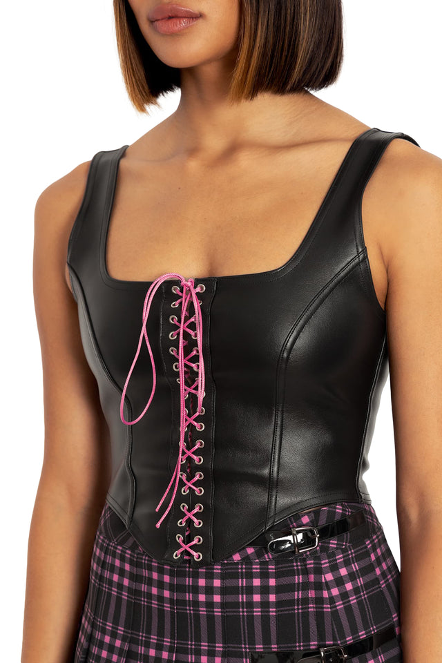 BlackMilk Clothing - Route 666 Pink Lace Up Corset Top