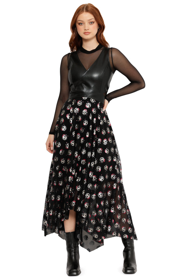 black christmas maxi dress with skull santa print and handkerchief hem