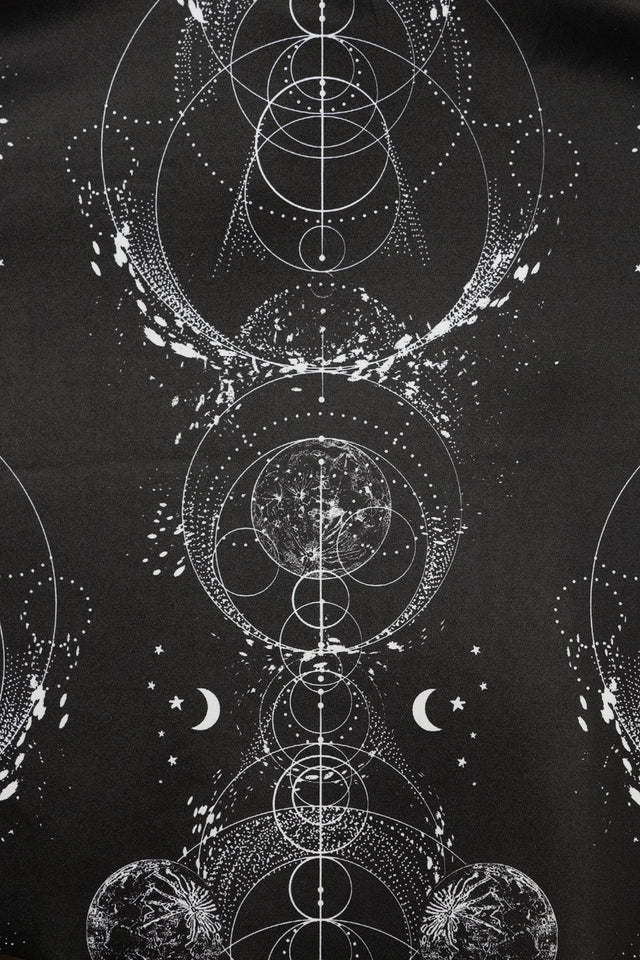 BlackMilk Clothing Sacred Orbits Scoop Skater Dress, black skater dress with celestial orbit and sacred geometry print, scoop neckline and fitted waist