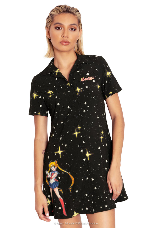 Sailor Guardians Sparkle Short Sleeve Button Up Dress Closeup