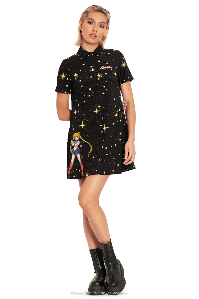 Sailor Guardians Sparkle Short Sleeve Button Up Dress Front