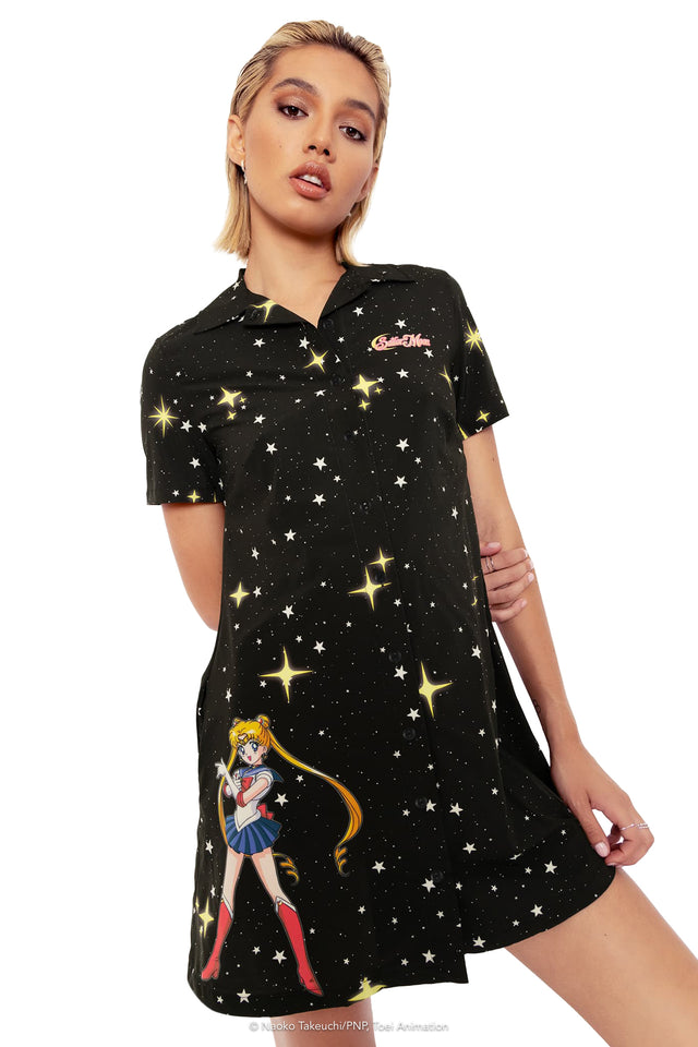 Sailor Guardians Sparkle Short Sleeve Button Up Dress Wide