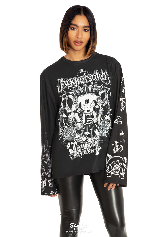 Sanrio Aggretsuko Long Sleeve Oversized Tee Closeup 