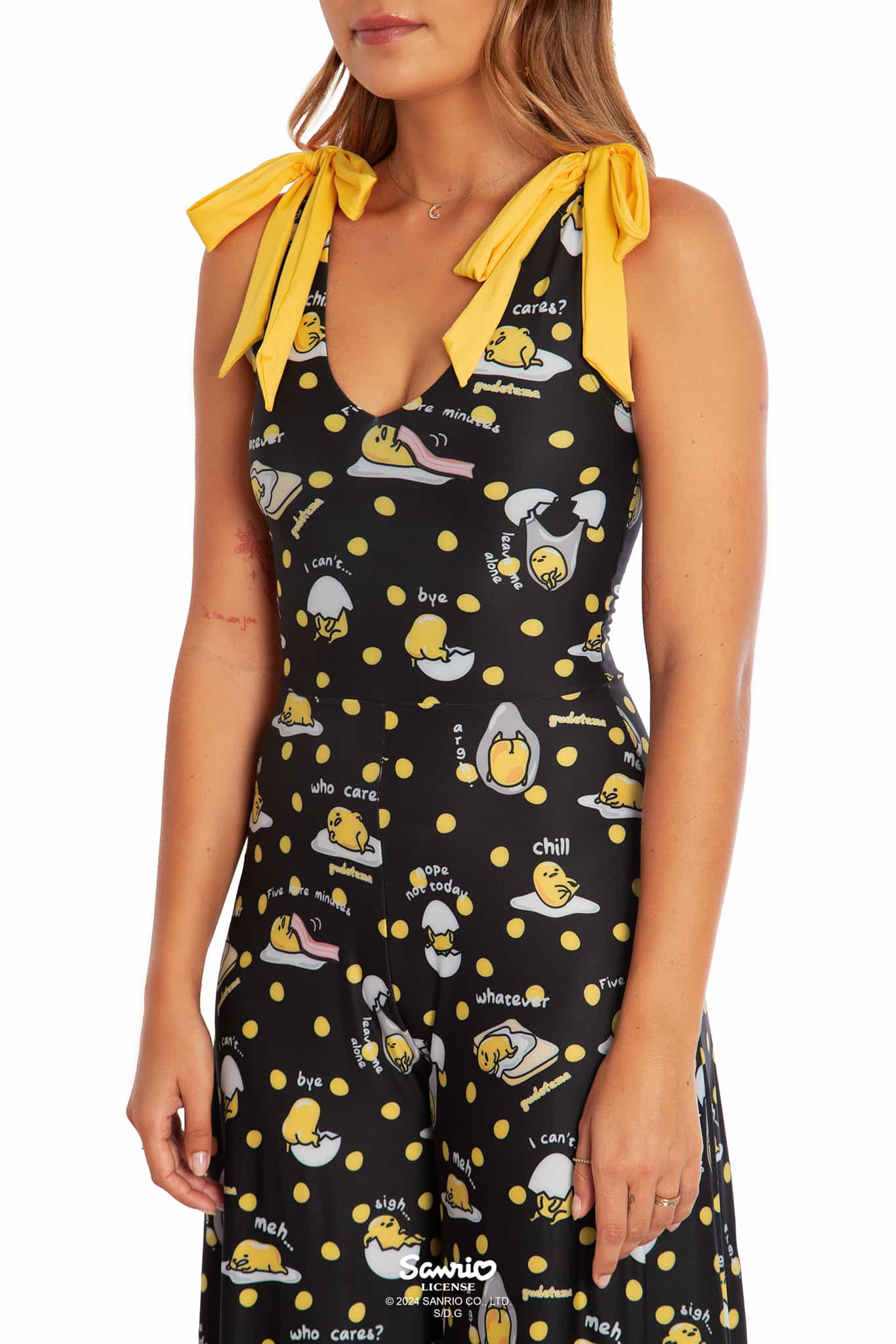 Gudetama Yolka Dots Black Wide Leg Tie Jumpsuit - Limited