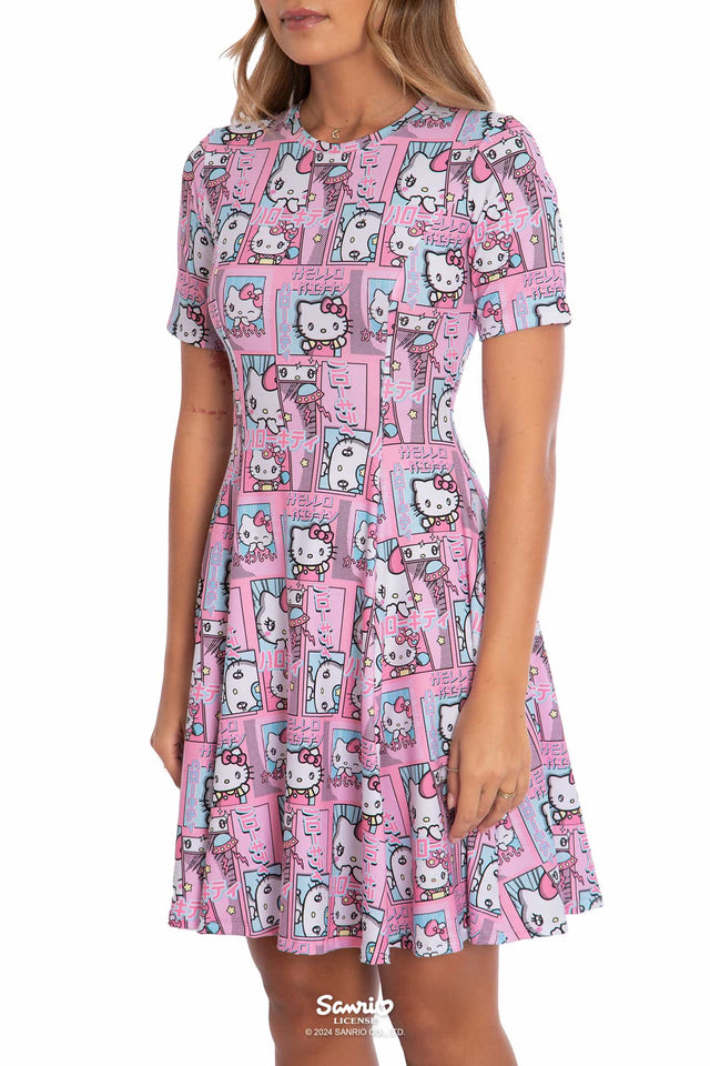 Hello Kitty Merchandise - Official Sanrio Products - Licensed Apparel - Kawaii Fashion - Womens's Pastel Pink Midi Dress - Short Sleeve