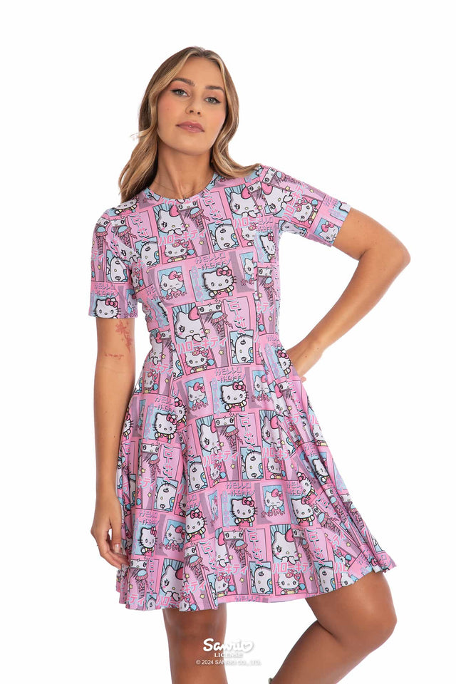 Hello Kitty Merchandise - Official Sanrio Products - Licensed Apparel - Kawaii Fashion - Womens's Pastel Pink Midi Dress - Short Sleeve