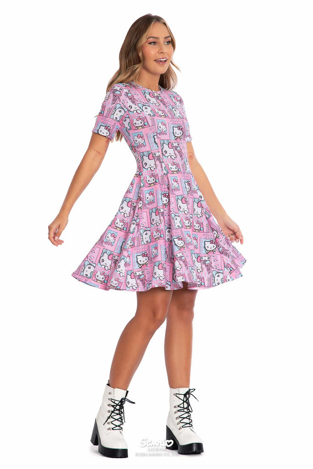 Hello Kitty Merchandise - Official Sanrio Products - Licensed Apparel - Kawaii Fashion - Womens's Pastel Pink Midi Dress - Short Sleeve