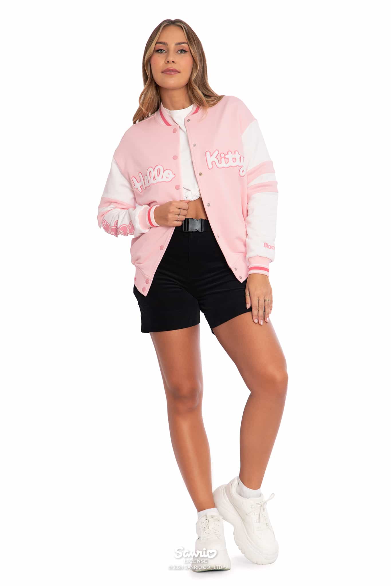 HELLO KITTY DIMMOIRE フルジップジャケット Hello Kitty Letter & Cartoon Print Drop Shoulder Bomber