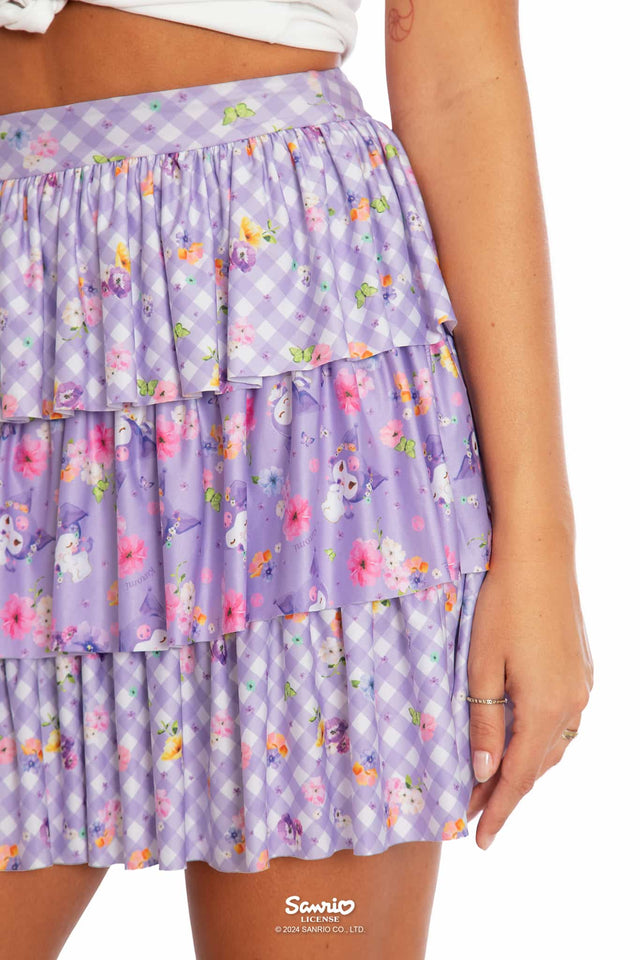 Kuromi Merchandise - Official Sanrio Products - Licensed Apparel - Kawaii Fashion, Women's Purple Pastel Floral Ruffle Mini Skirt