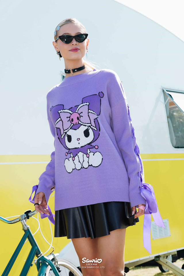 Kuromi Merchandise - Official Sanrio Products - Licensed Apparel - Kawaii Fashion - Women's Pastel Purple Long Sleeve Knit