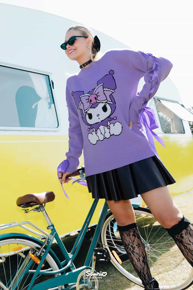 Kuromi Merchandise - Official Sanrio Products - Licensed Apparel - Kawaii Fashion - Women's Pastel Purple Long Sleeve Knit