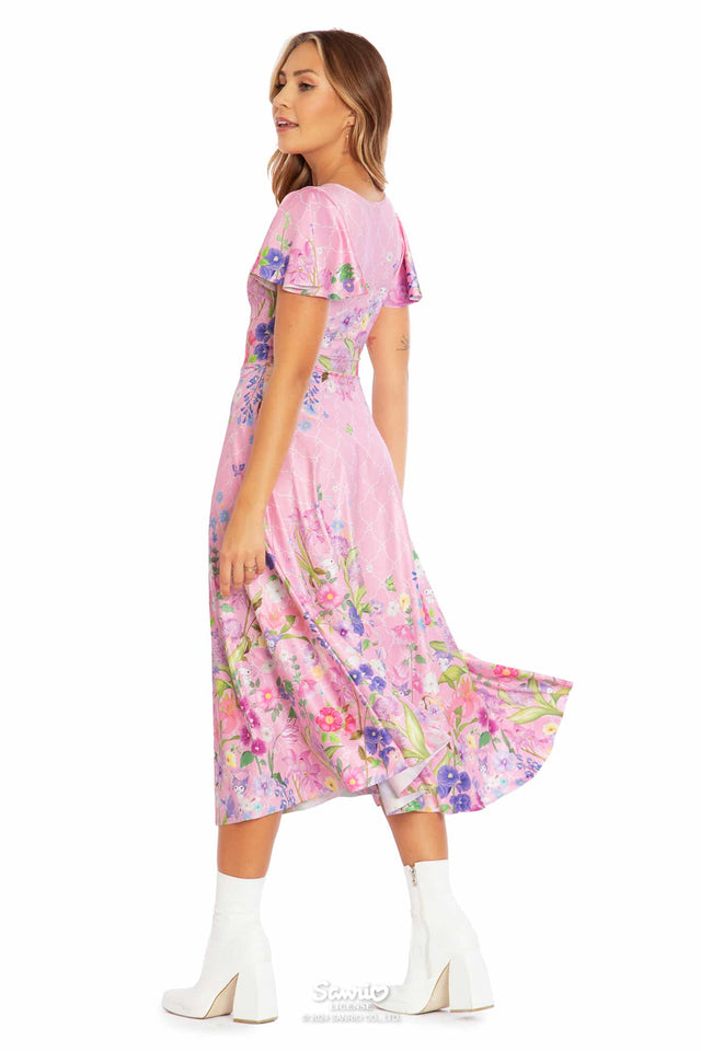 My Melody and Kuromi Merchandise - Official Sanrio Products - Licensed Apparel - Kawaii Fashion - Women's Pastel Pink Floral Midi Maxi Dress