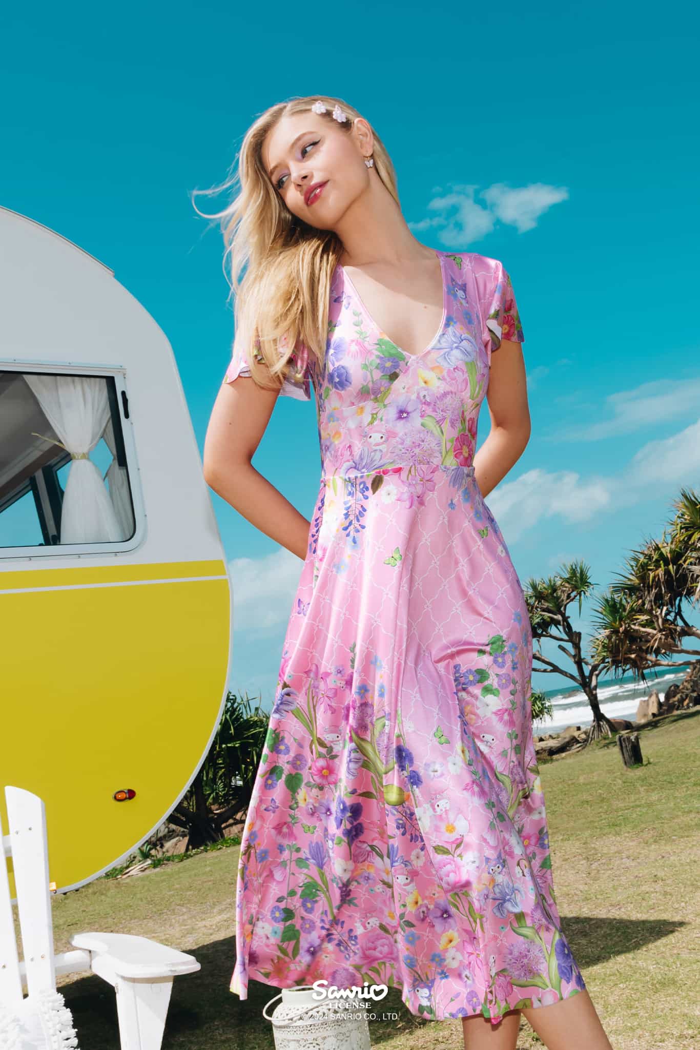 My Melody And Kuromi Floral Pink Rio Marilyn Midaxi Dress