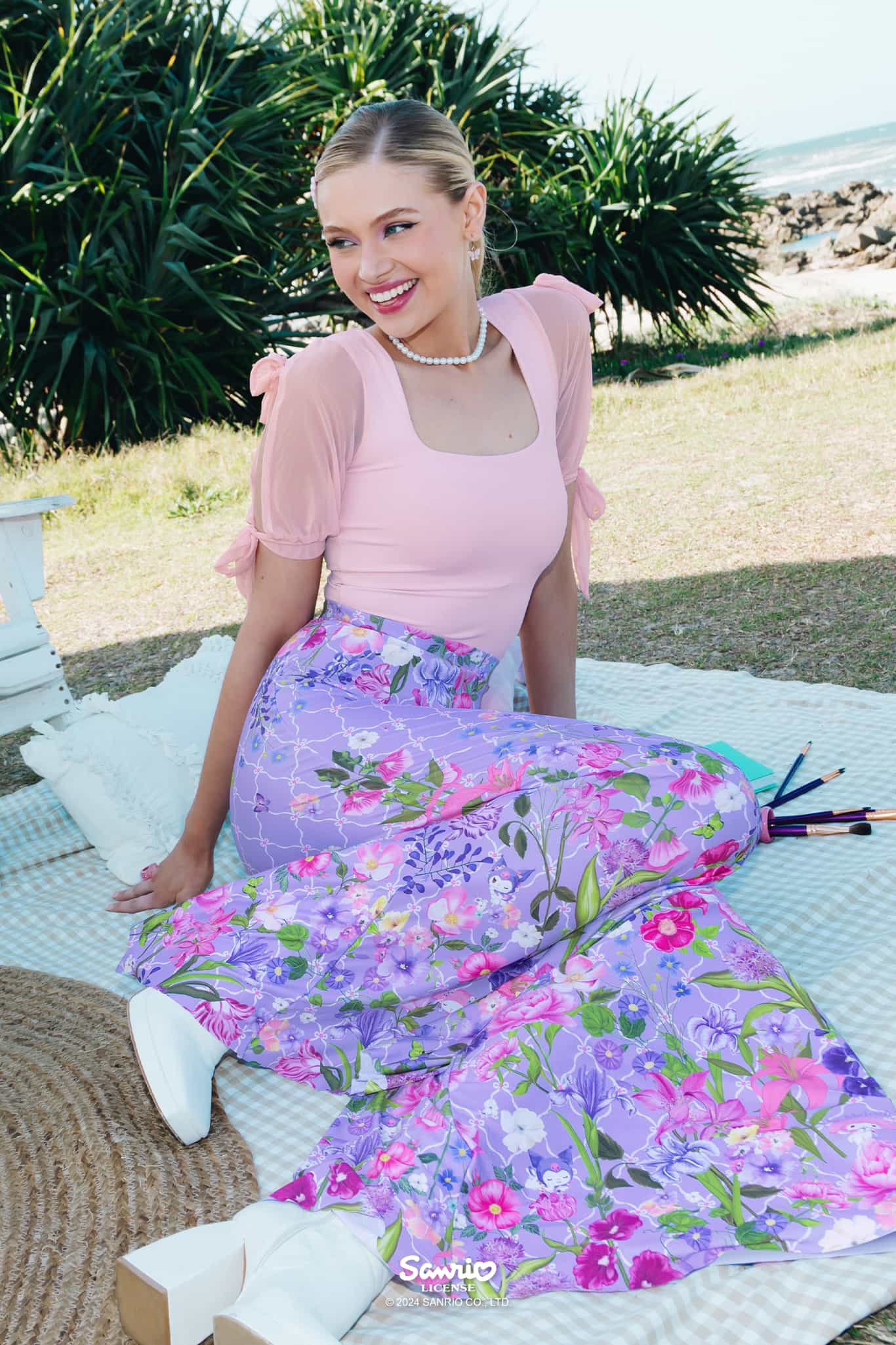 My Melody And Kuromi Floral Purple Palazzo Pants - Limited