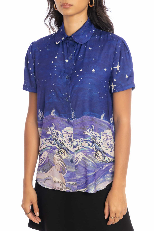 Sea Creatures Puff Sleeve Cute As A Button Shirt