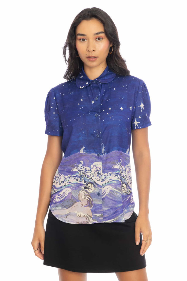 Sea Creatures Puff Sleeve Cute As A Button Shirt