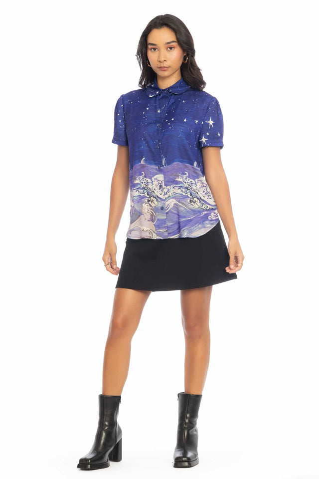 Sea Creatures Puff Sleeve Cute As A Button Shirt