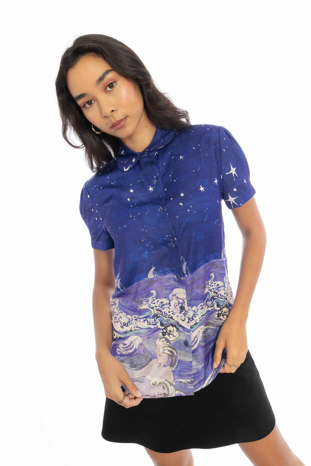 Sea Creatures Puff Sleeve Cute As A Button Shirt