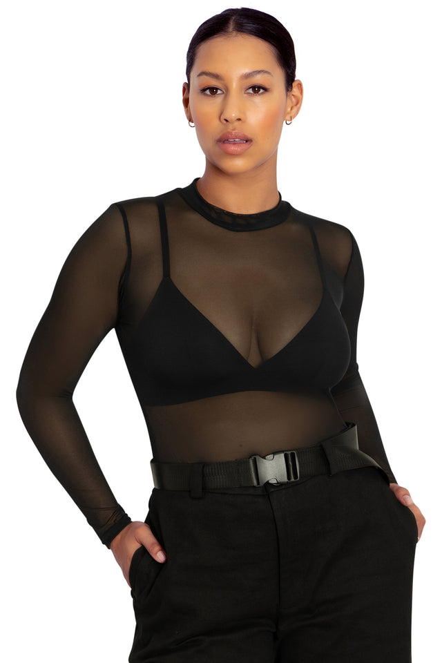 Sheer High Neck Long Sleeve Top Front