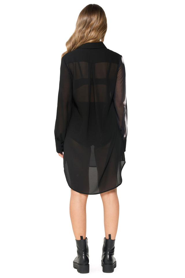 Sheer Ribs Long Sleeve Buttoned Shirt Dress