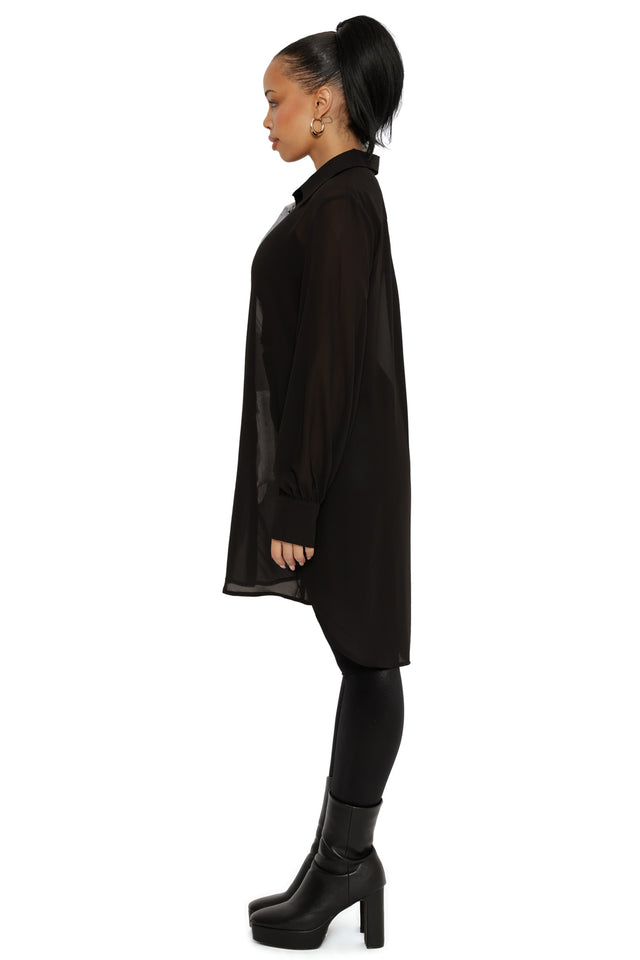 Sheer Ribs Long Sleeve Buttoned Shirt Dress