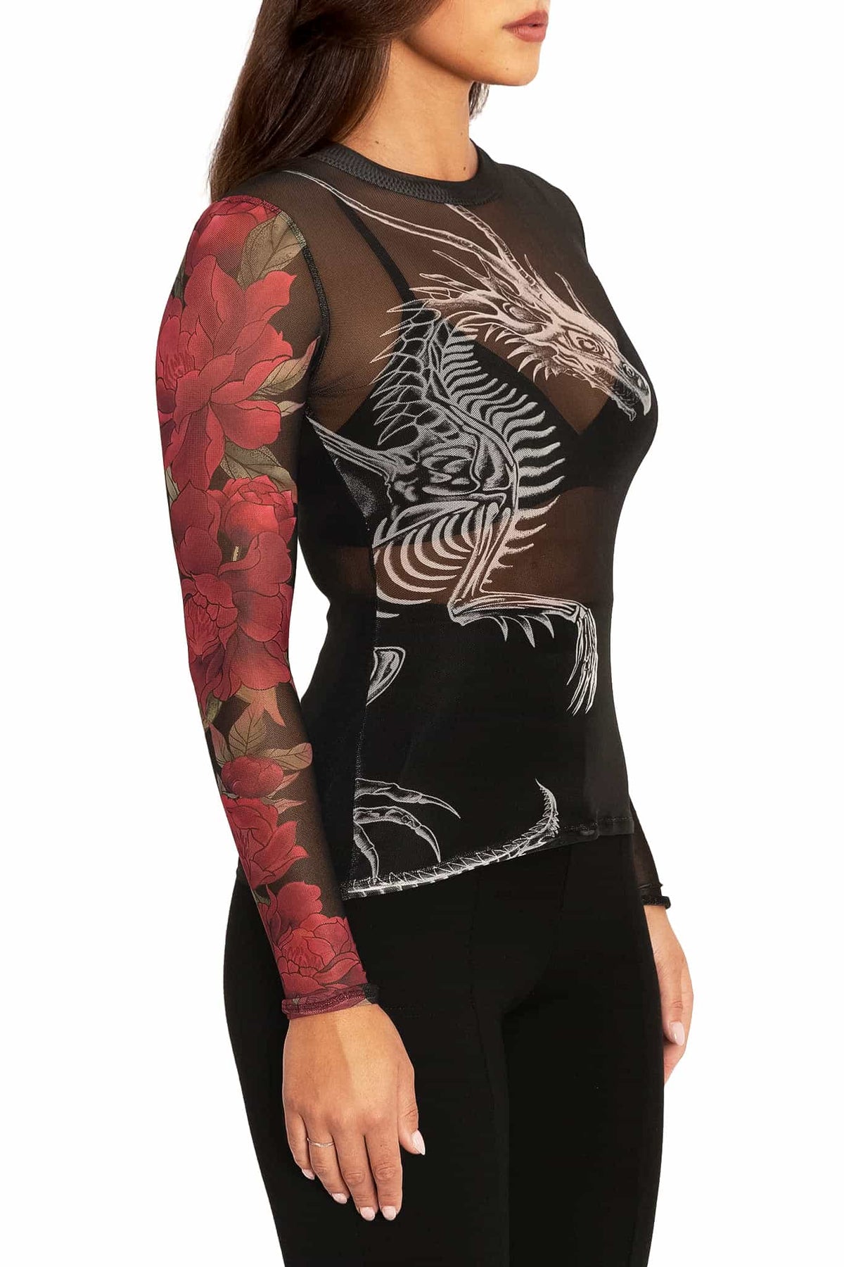Skeletal Dragon Sheer High Neck Long Sleeve Top - Limited – BlackMilk ...